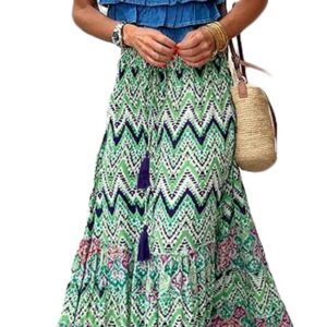 Women Casual Boho Long Skirt Vintage Floral Print Bohemian Style Half Dress Elastic Waist Flowy Swing Midi Skirt Summer Spring