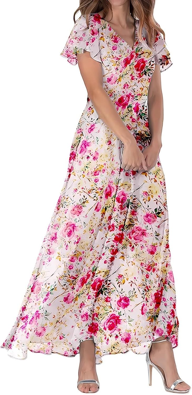 Women Dresses Long Dress Chiffon Floral Short Sleeve Ruffle V Neck Fashion Waist Flowy Plus Size for Curvy Occasion UK Maxi Summer