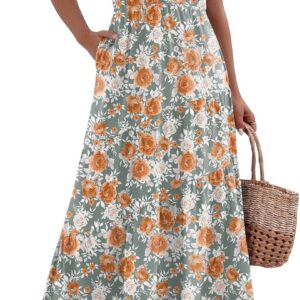 Zeagoo Women’s Summer Casual Dress Flutter Short Sleeve V Neck Button Down Tiered Flowy Long Dress with Pockets
