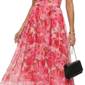 One Shoulder Maxi Floral Dresses for Women Sleeveless Asymmetric Rouched Mesh Knit Dresses for Summer Fall