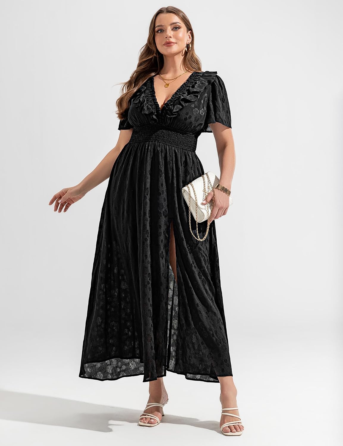 EYWOL Women's Plus Size 2025 Chiffon Maxi Dress V Neck Elastic Waist Long Flowy Dresses for Wedding Guest - Image 5