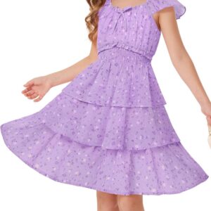 GRACE KARIN Girls Summer A-Line Tiered Floral Dress, Ruffle Sleeve Square Neck Midi Flower Girl Party Dresses 6-14 Years