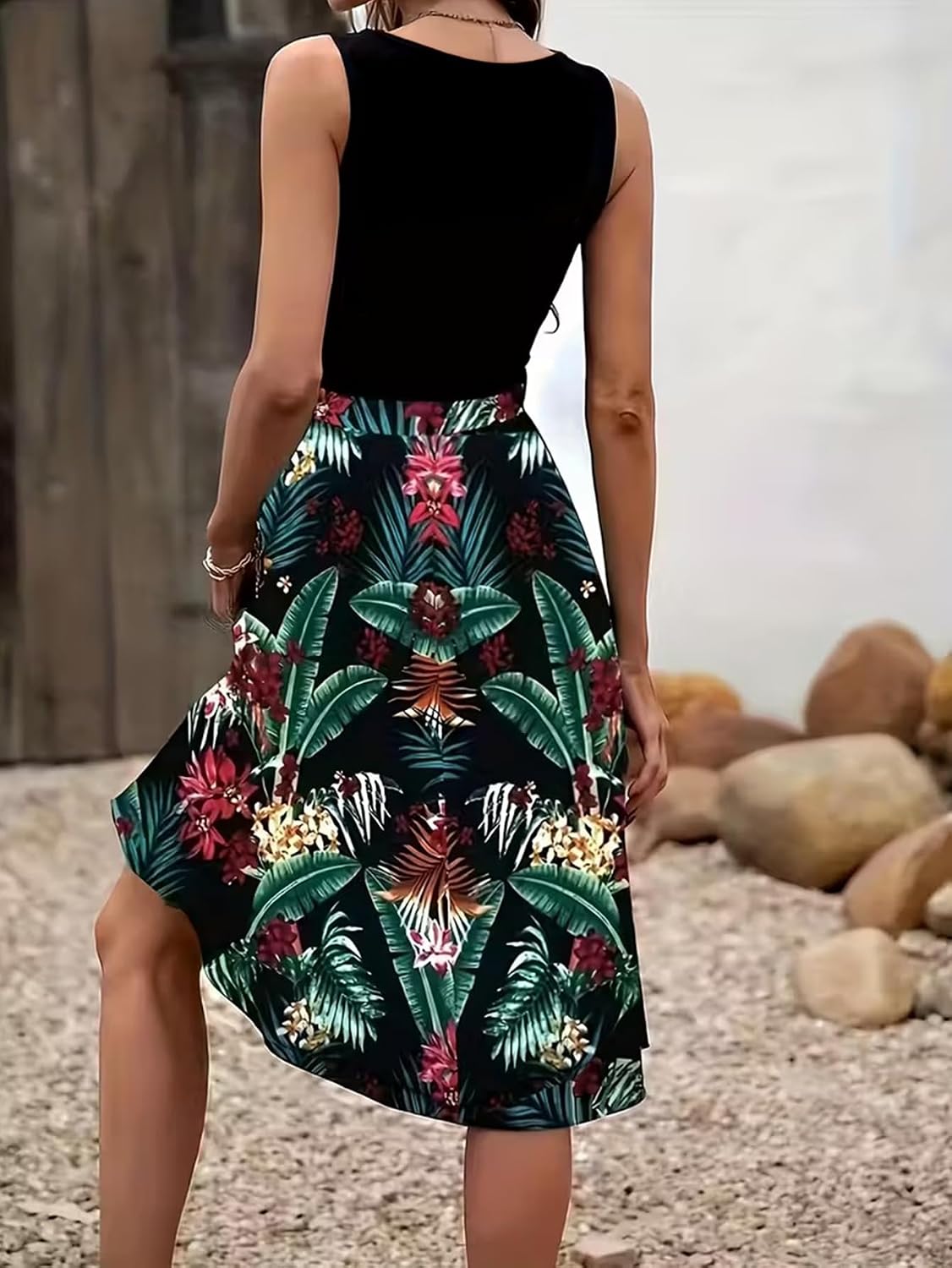 Spliced Tropical Floral Belted Midi Dress, Cold Crew Neck Sleeveless Four-Way Stretch Summer Sundress - Image 2