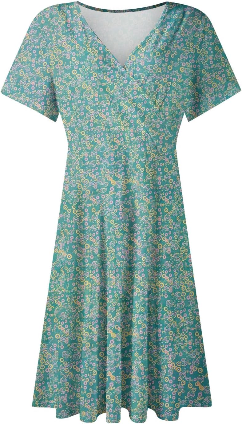 Spring Dress Women Womens' Summer Casual Boho Floral Printed High Waist Minidress Swing Crossover V-Neck Thigh-High Dresses Loose Fit Short Sleeve Dress - Image 5