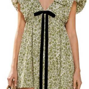 hibshaby Women’s Floral Print Mini Dress V Neck Puff Sleeve Dress Short Babydoll Bow Dress