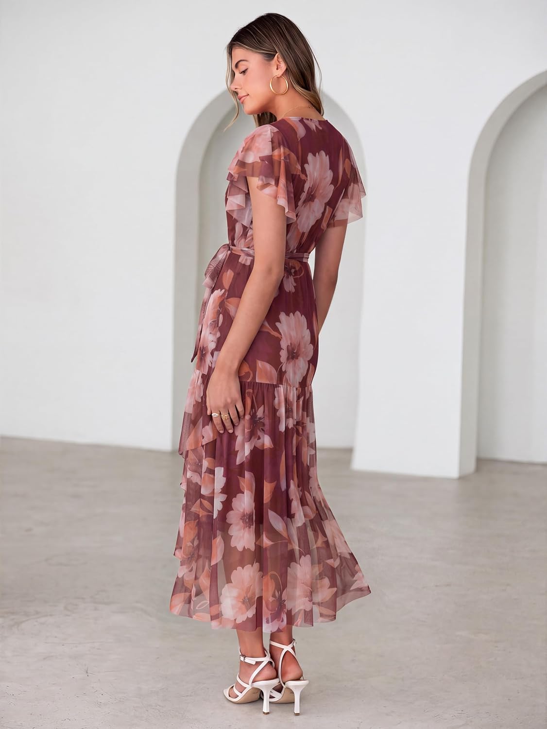 Simplee Womens Summer Floral Maxi Dress 2026 Short Sleeve V Neck Belted Mesh Hem Split Flowy Beach Wedding Guest Dresses - Image 6