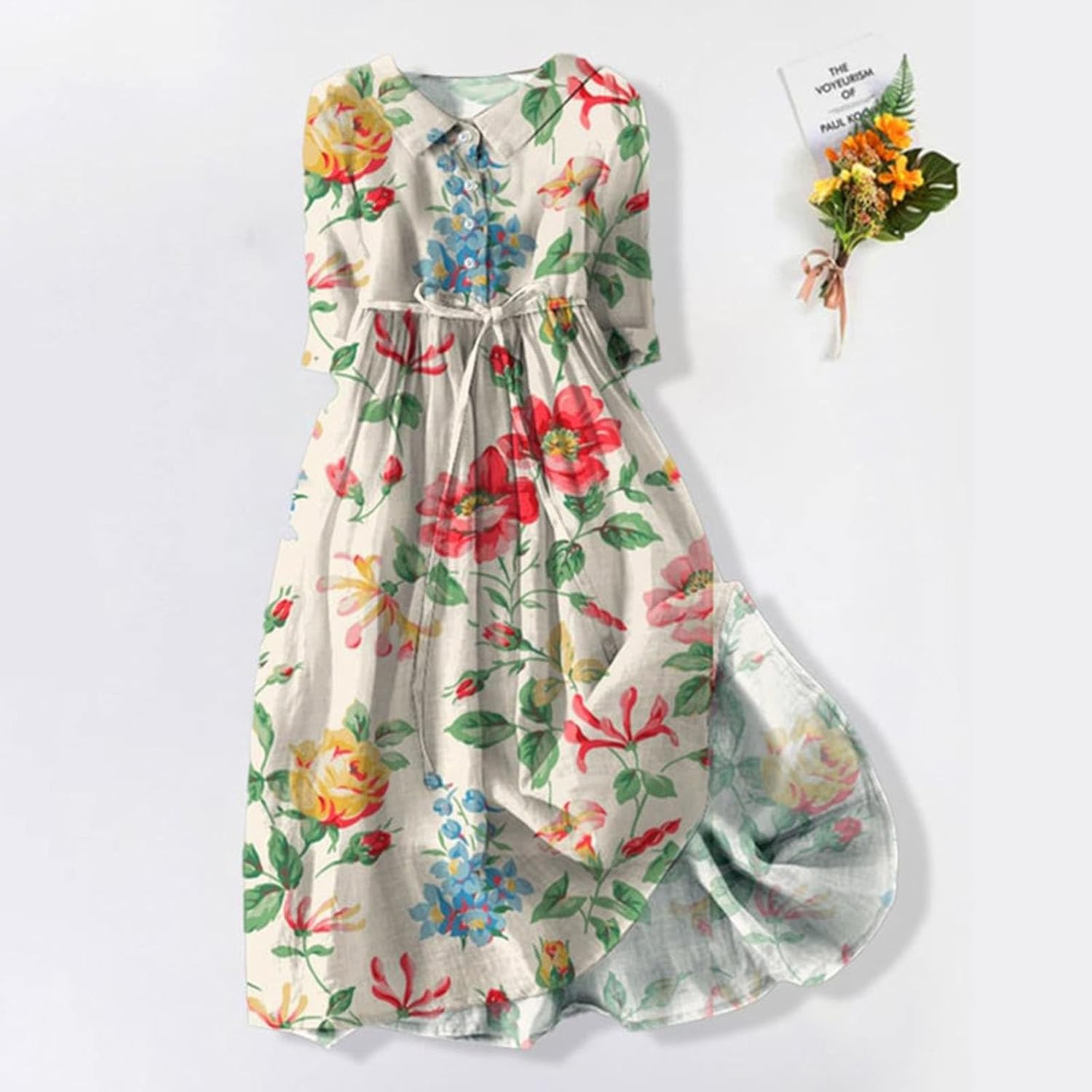 Boho Dresses for Women Button Round Sleeve Short Sleeve Midi Dress Italian Floral Priant Casual Sundress Flowy Elegant Style Dress with Tie Halter Holiday Vacation Wear - Image 5