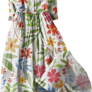 Cotton Linen Dresses for Women UK Floral Print Loose Vintage Dress Button Lace Up 3/4 Sleeve Summer Midi Dress V-Neck Casual Comfy Holiday Long Dress Plus Size Indian Flowy Swing Dress