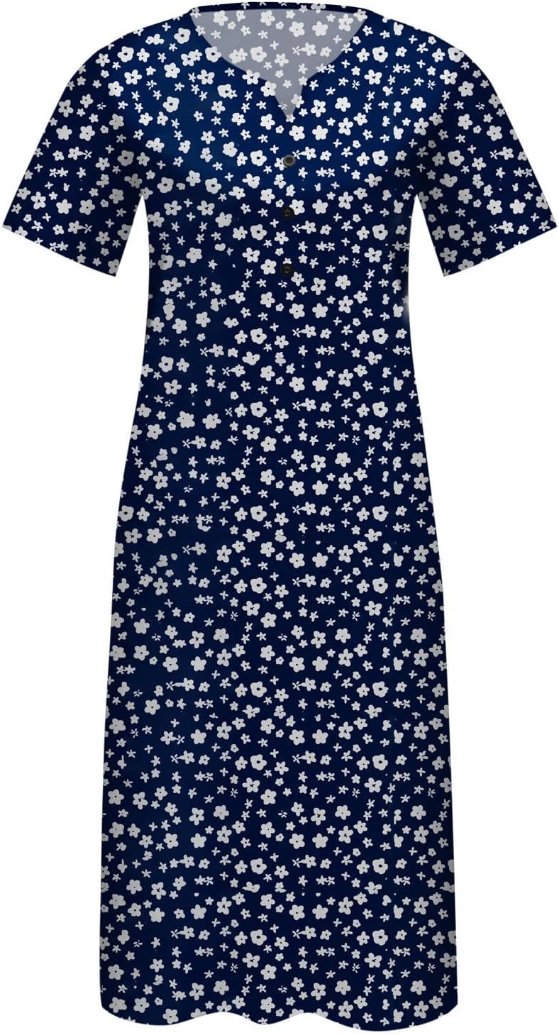 Midi Dresses for Women UK Short Sleeve V Neck Button Floral Dress Summer Casual Loose Fit Long Dresses with Pockets Comfy Lounge T Shirts Dress Beach Holiday Plus Size Elegant Sundress Sale - Image 4