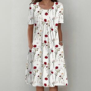 Women’s Floral Print Round Neck Half Sleeve Loose Midi Dress with Pockets