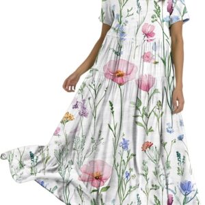 Women Casual Loose Bohemian Floral Dress with Pockets Short Sleeve Long Maxi Summer Beach Swing Dress