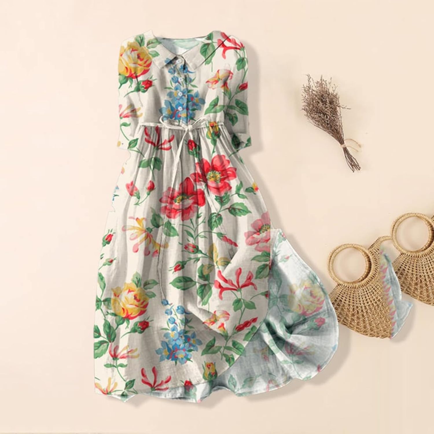 Boho Dresses for Women Button Round Sleeve Short Sleeve Midi Dress Italian Floral Priant Casual Sundress Flowy Elegant Style Dress with Tie Halter Holiday Vacation Wear - Image 2