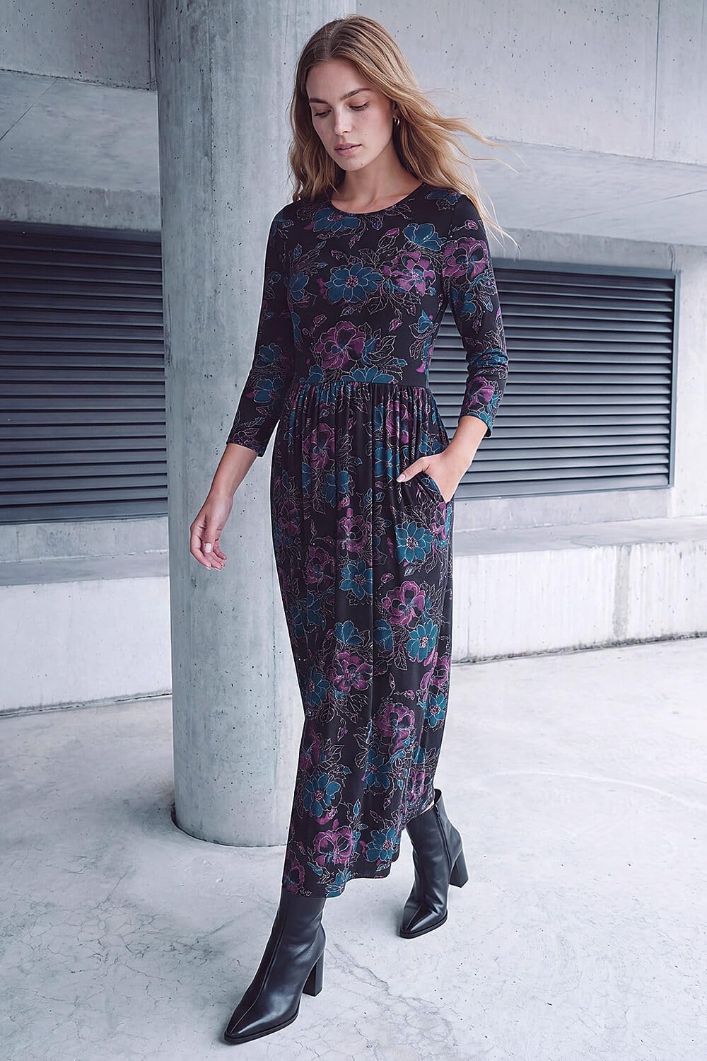 Roman Originals Midi Dress with Pockets for Women UK Ladies Stretchy Jersey Maxi Long 3/4 Length Sleeve Gathered High Waist Boho Flattering Skater Swing Fit Flare - Image 2
