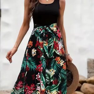 Spliced Tropical Floral Belted Midi Dress, Cold Crew Neck Sleeveless Four-Way Stretch Summer Sundress