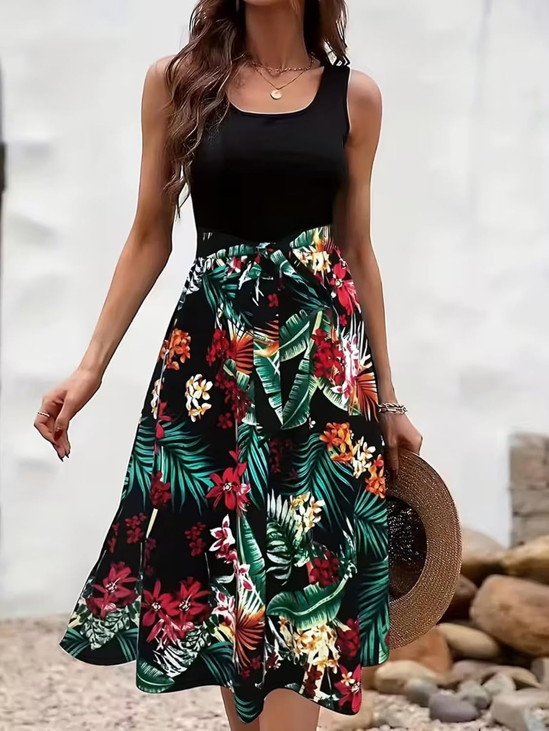 Spliced Tropical Floral Belted Midi Dress, Cold Crew Neck Sleeveless Four-Way Stretch Summer Sundress