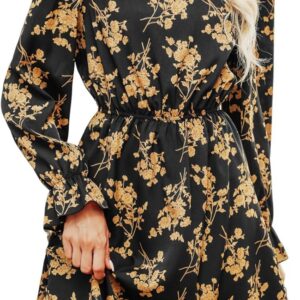 CUPSHE Women’s A-Line Mini Dress Flowy Swing Ditsy Floral Print Long Sleeve Round Neck Smocked Fall Party Casual Dress
