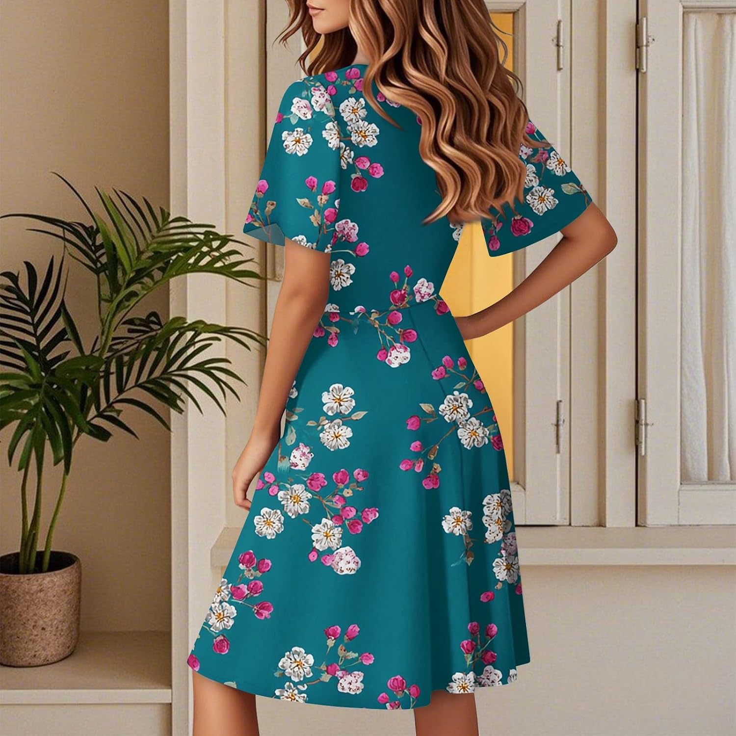 Long Dresses for Women UK Women's Elegant Print V Neck Short Sleeve Midi Dress Summer, Boho Beach Dress Casual High Waist Party Dres Trendy Swing Vacation Dres Holidy Dresss - Image 3