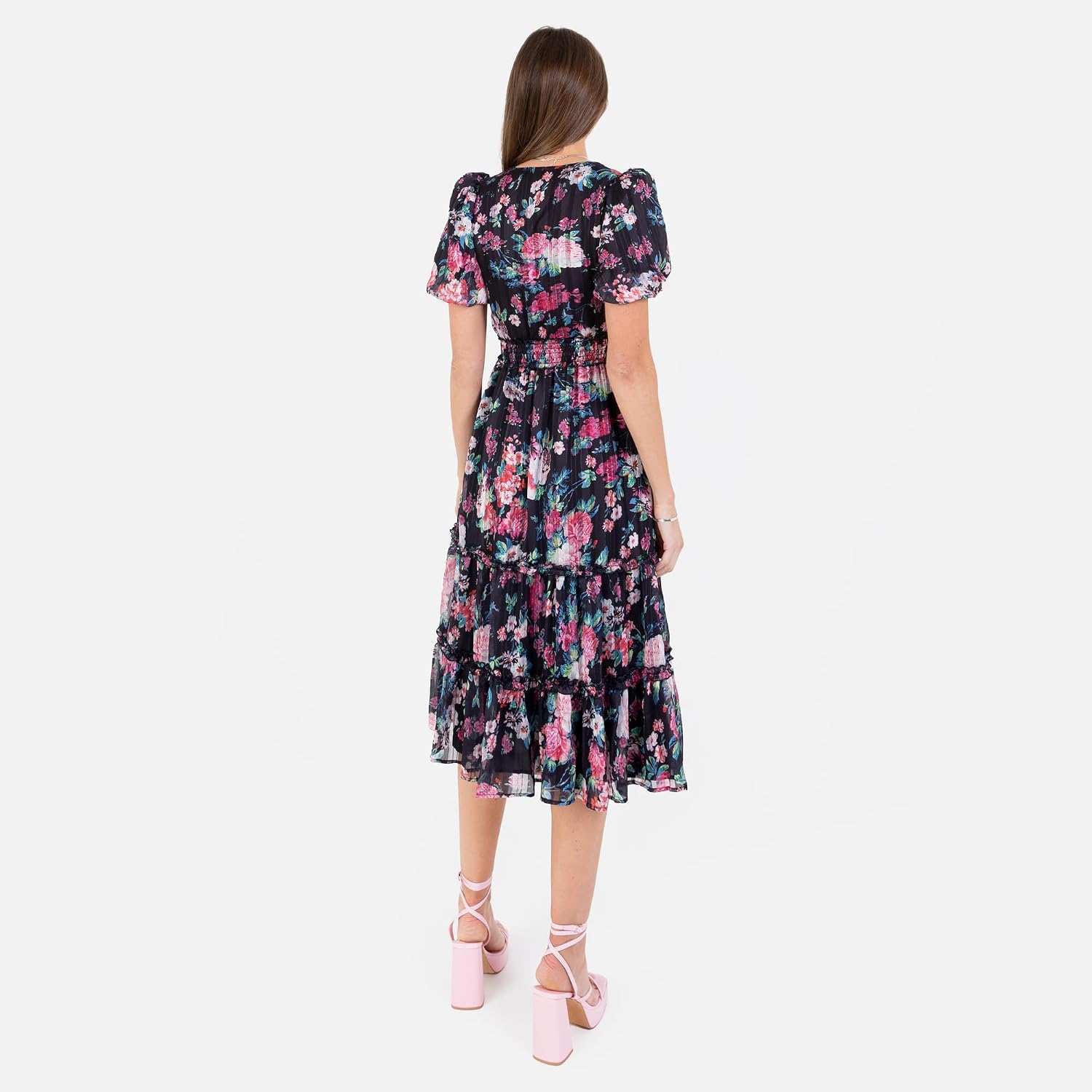 Lovedrobe Women's Women's Ladies Midi Dress V-Neck Short Puff Sleeve Wrap Shirred Waist Floral Print Ruffle Fit and Flare Wedding Guest Dress (Pack of 1) - Image 4