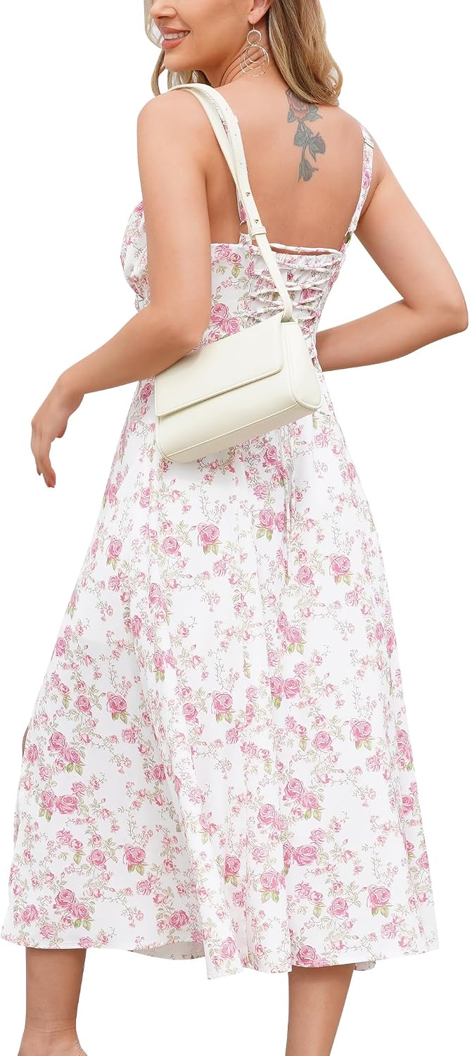 ABEHIK Women Elegant Floral Dress for Holiday Spaghetti Strap Wedding Guest Dresses for Lady Casual Spring Summer Beach Sun Dress - Image 2