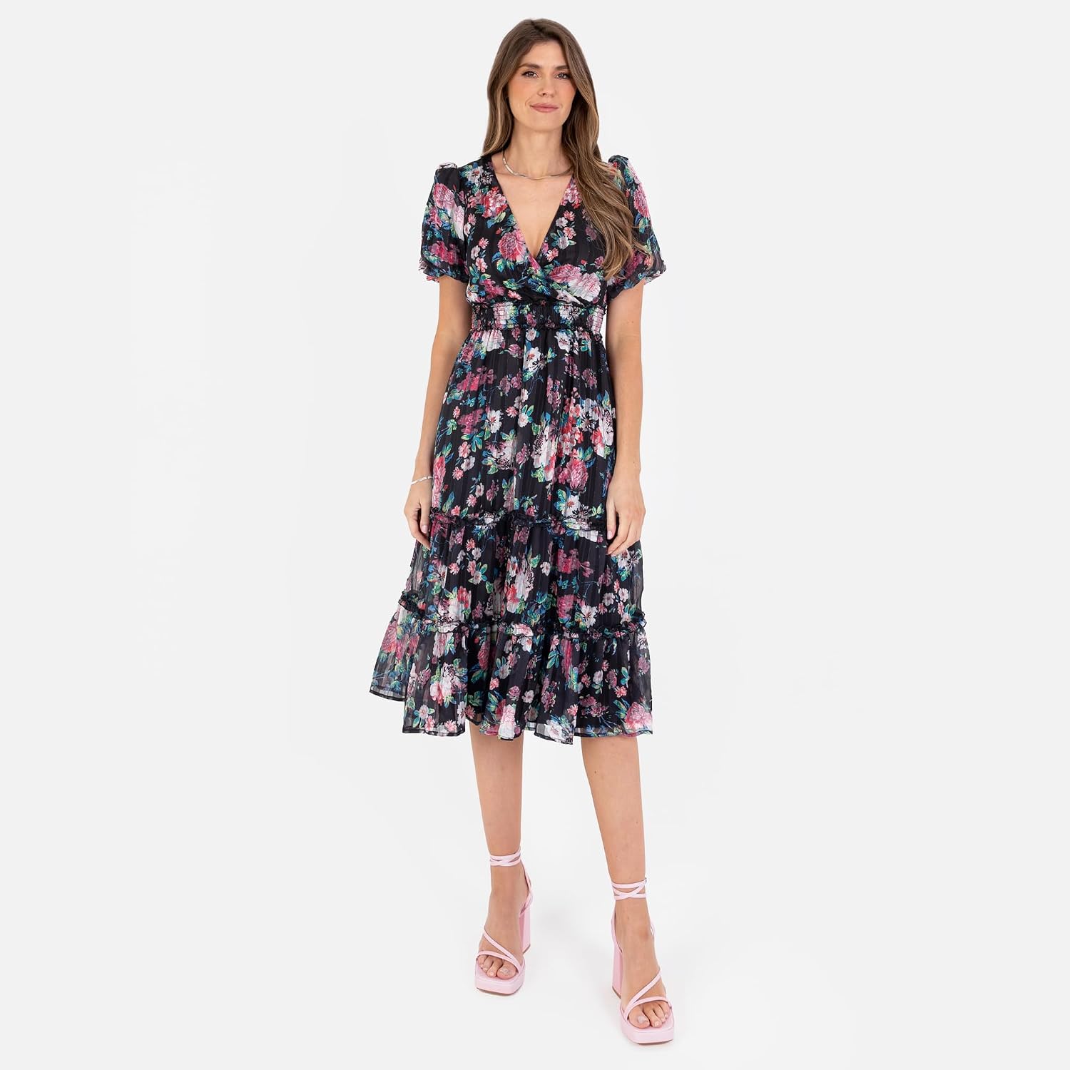 Lovedrobe Women's Women's Ladies Midi Dress V-Neck Short Puff Sleeve Wrap Shirred Waist Floral Print Ruffle Fit and Flare Wedding Guest Dress (Pack of 1) - Image 6