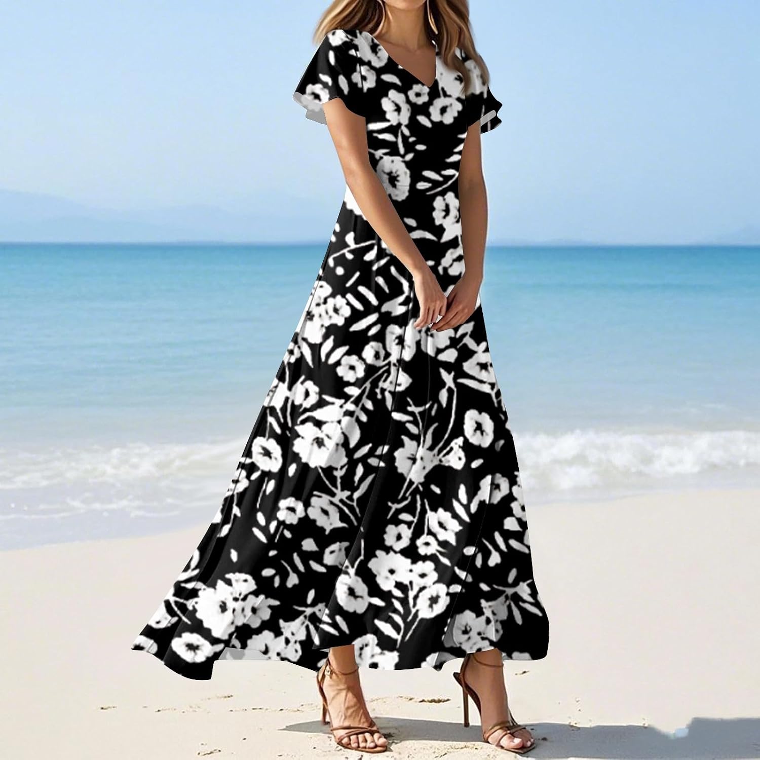 Ladies Short Puff Sleeve V Neck Floral Boho Dresses Flared Flowy Chiffon Maxi Dress Summer Beach Holiday Sundress for Women - Image 2