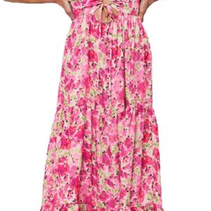 Floral Maxi Dresses for Women Spaghetti Strap Hollow Out Tie Front Summer Dress Bohemia Flowy Sundresses
