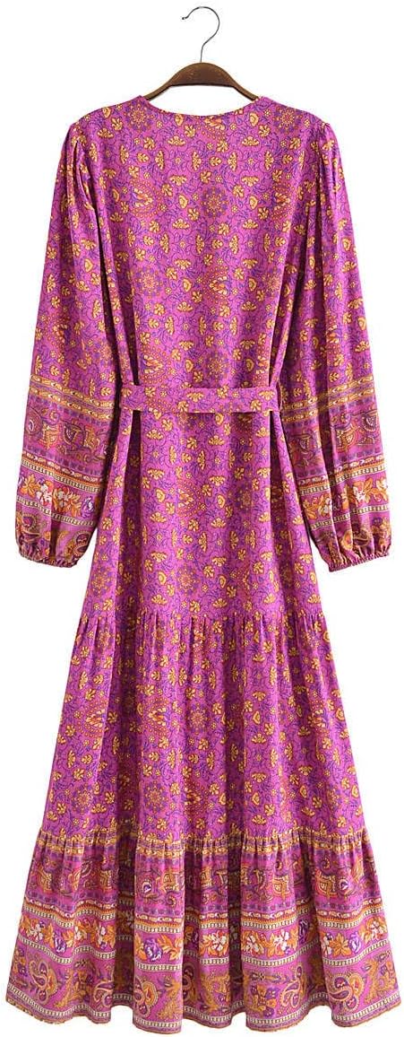 Waterlily Boho Maxi Dress Long Sleeve Casual Summer Dresses for Women Floral Flare Buttons Tie Waist Hippie Bohemian - Image 3