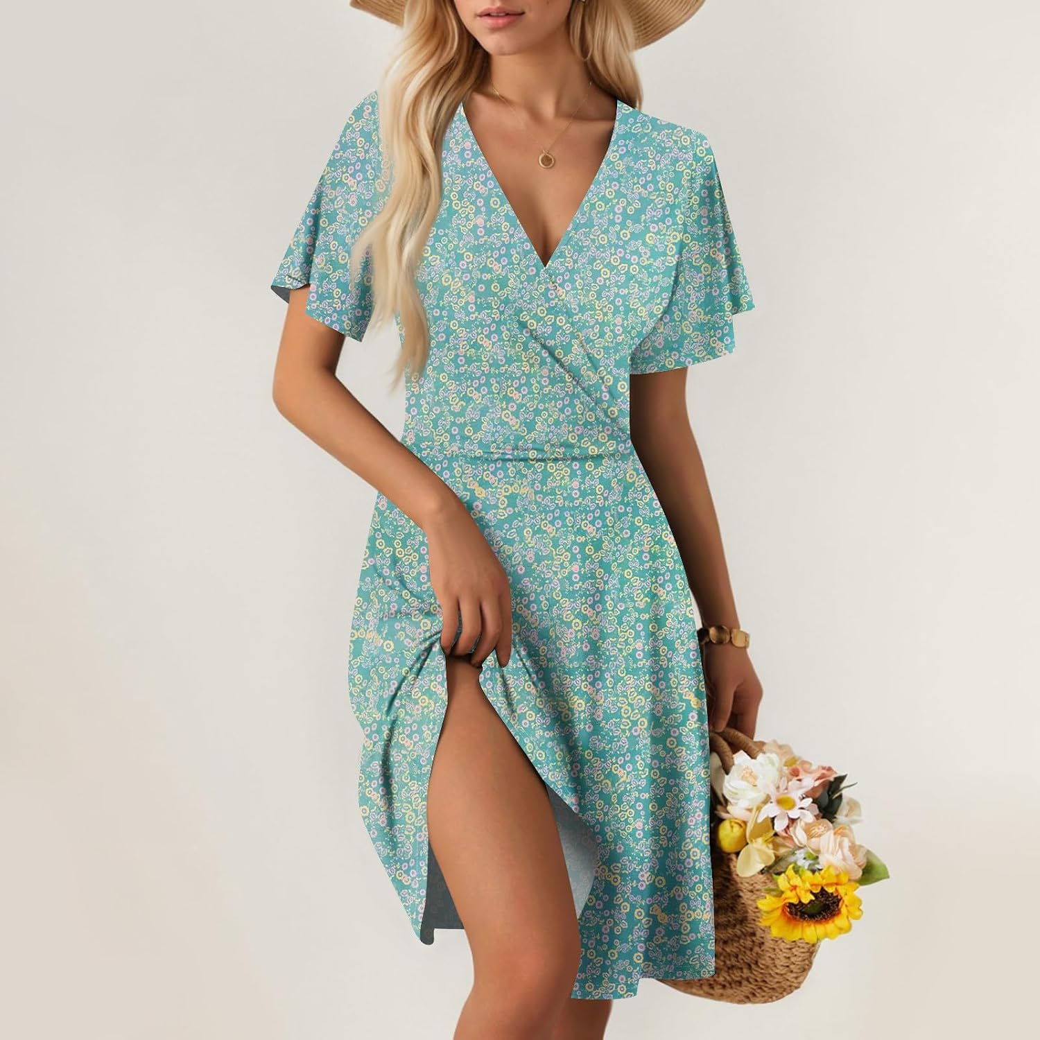 Spring Dress Women Womens' Summer Casual Boho Floral Printed High Waist Minidress Swing Crossover V-Neck Thigh-High Dresses Loose Fit Short Sleeve Dress - Image 2