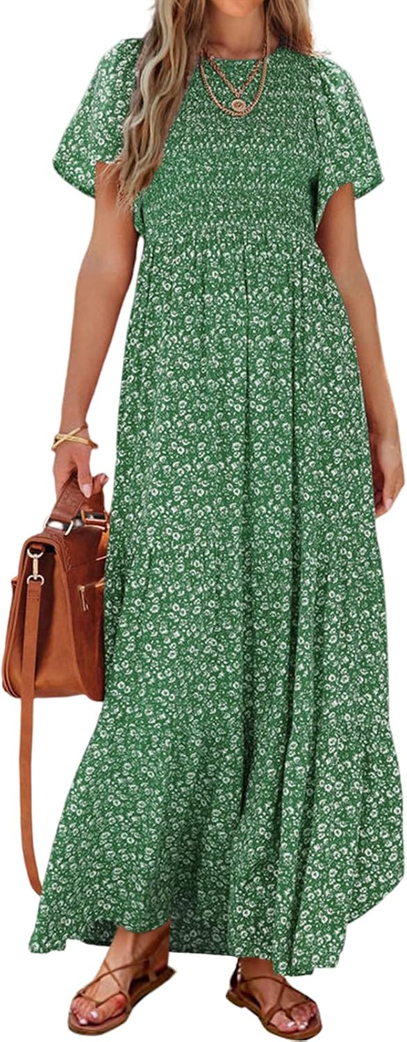 PRETTYGARDEN Women's Smocked Top Summer Dresses for Women 2025 Short Sleeve Floral Maxi Dress for Women Flutter Sleeve Cute Spring Maxi Dress for Women Beach Vacation