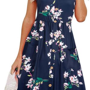 VOTEPRETTY Womens Summer Dresses Casual Floral V Neck Short Sleeve Sundress with Pockets Button Decor