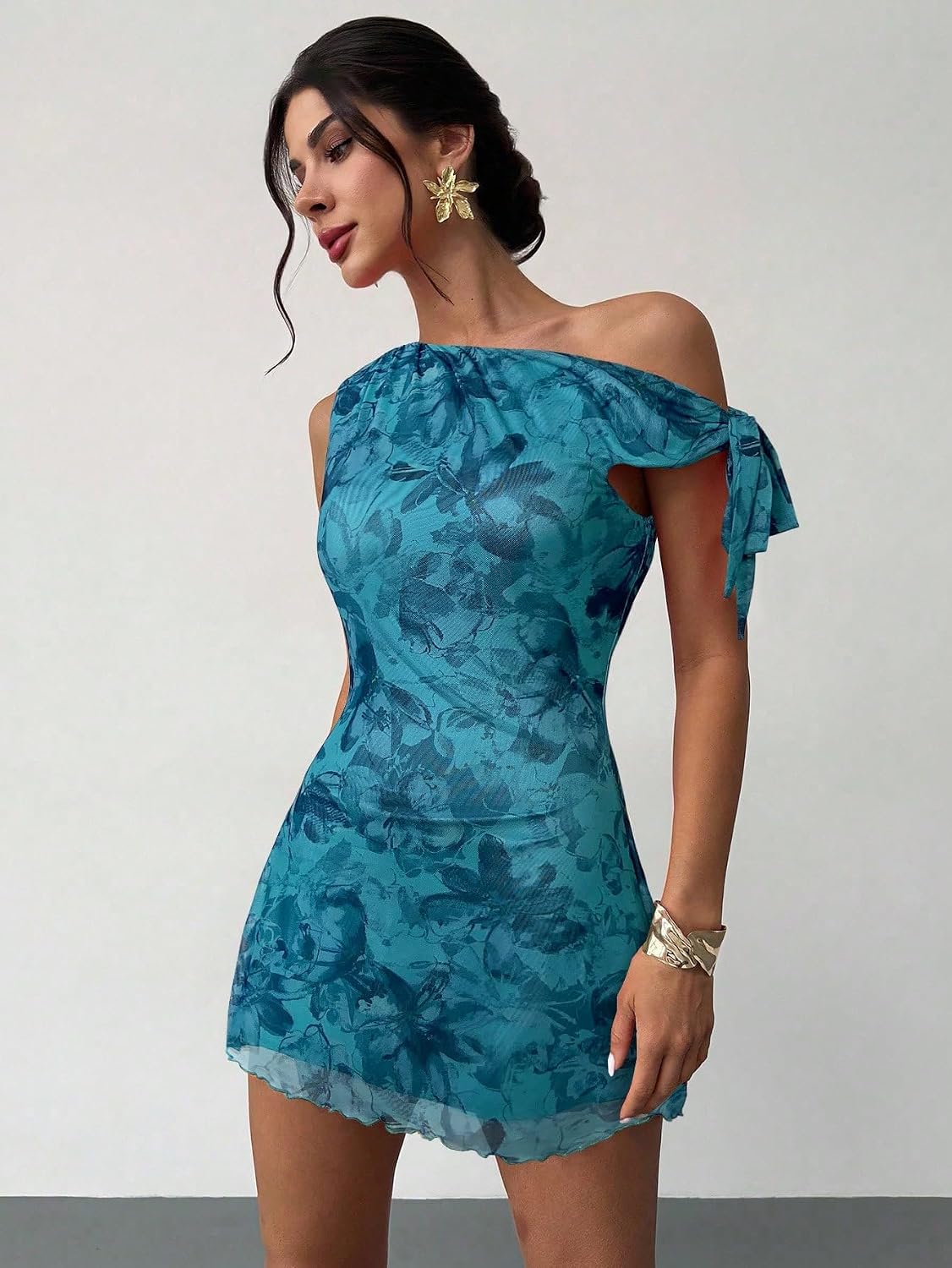 Narecte Women’s One Shoulder Floral Mini Dress Self Tie Summer Dress - Image 2