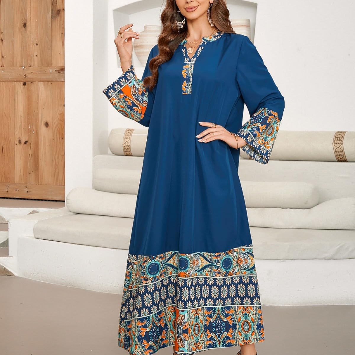 Women's Long Sleeve Jalabiya Round Neck Regular Sleeve Geometry Regular Fit Modest Four Seasons Arabian Clothing - Image 2