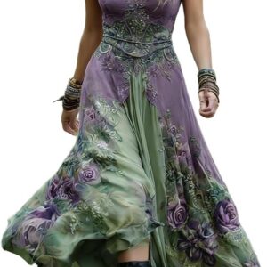 Zeiayuas Boho Dress Ladies Summer Short Sleeve V Neck Plus Size Flowy Maxi Dresses Boho Beach Floral Embroidered Dress Elegant Party Casual Long Dresses A-line Holiday Bohemian Sundress