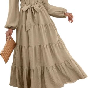 dowerme Women’s Long Sleeve Dress 2025 Button Down Belted A-Line Flowy Fall Outfits Ruffle Maxi Holiday Party Dresses