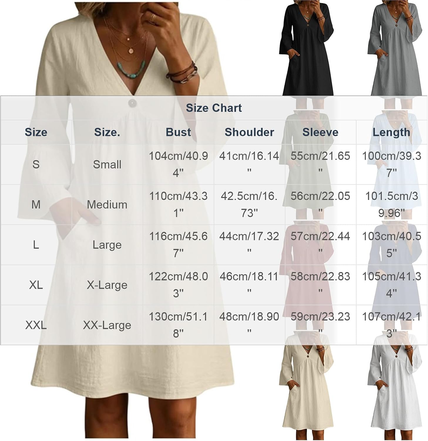 Summer Dress for Women UK V Neck 3/4 Sleeve Ruffle Dresses with Pockets Ladies Solid Color Boho Beach Midi Dresses Oversized Tunic Baggy Casual Long Dress Floaty Summer Sundress for Office Work - Image 7