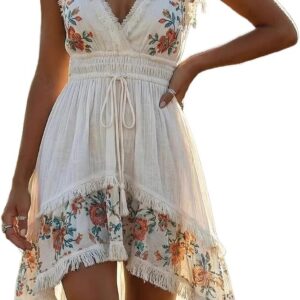 Boho Western Mini Dress for Women Floral Embroidery Fringe V-Neck Waist Drawstring Elegant Summer Casual Dress for Festival Holiday
