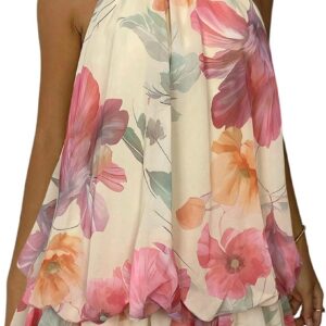 GORGLITTER Women’s Ruffle Halter Neck Dress Sleeveless Flowy Mini Dress