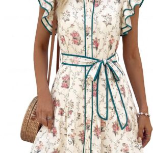 Wenrine Womens Summer Button Down Shirt Dress Casual Collar V Neck Floral Ruffle Sleeve Boho Beach Vacation Mini Dresses