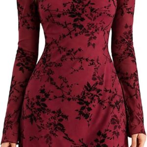RIHOAS Womens Floral Mesh Mini Dress Long Sleeve Boat Neck Wedding Guest Dress Bodycon Party Cocktail Mini Dresses