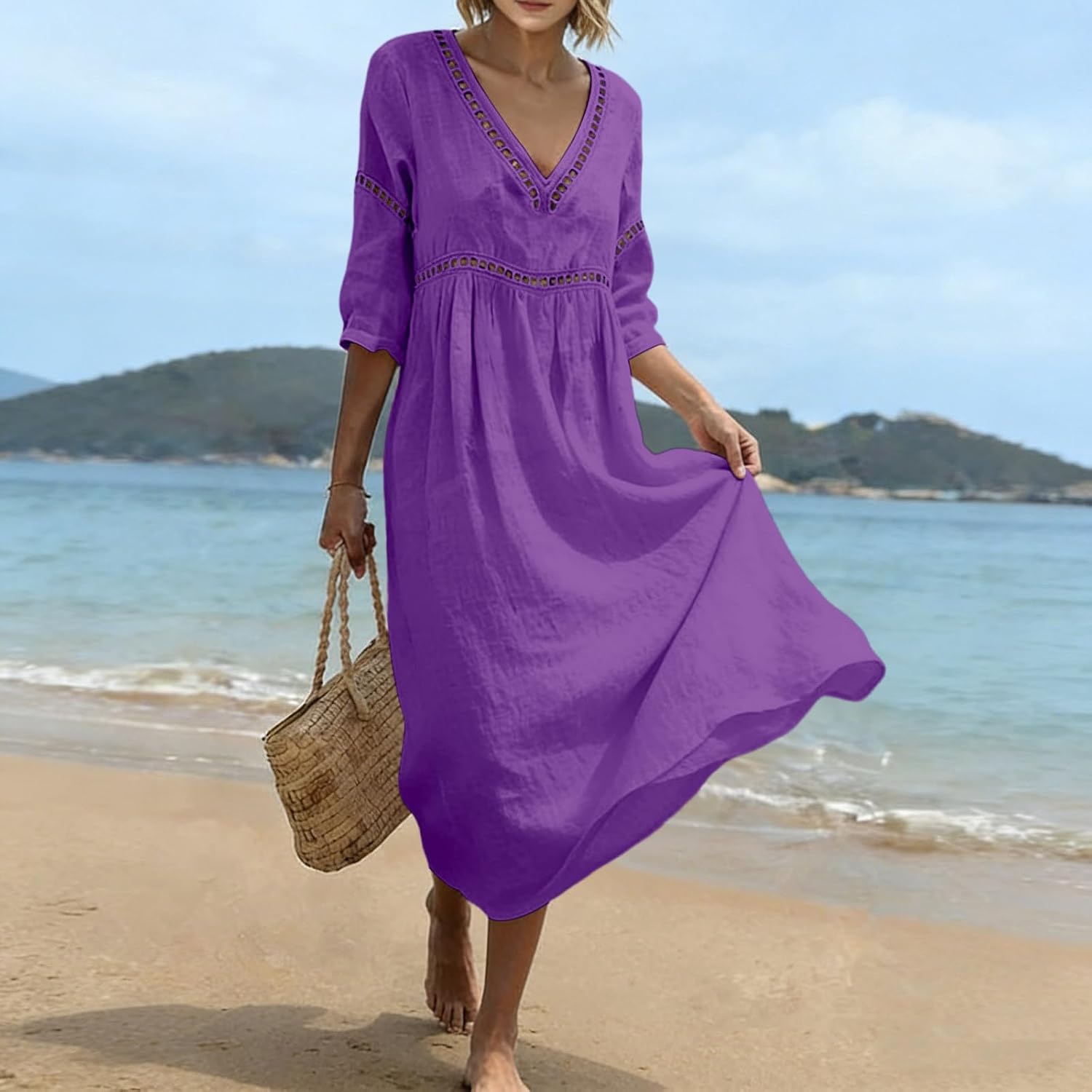 Summer Dresses for Women UK,Bohemian 3/4 Sleeve Cotton Dresses Casual Loose Fit Boho Dress Breathable Comfortable Casual Solid Holiday Beach Travel Everyday Wear - Image 7