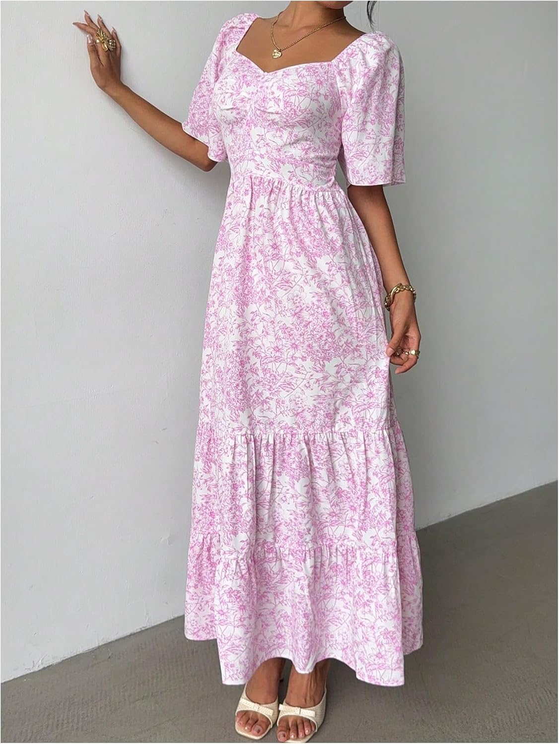 GORGLITTER Boho Floral Dresses for Women UK 2026 Sweetheart Neck Short Sleeve Smocked Flared Flowy Beach Holiday Maxi Dress - Image 4