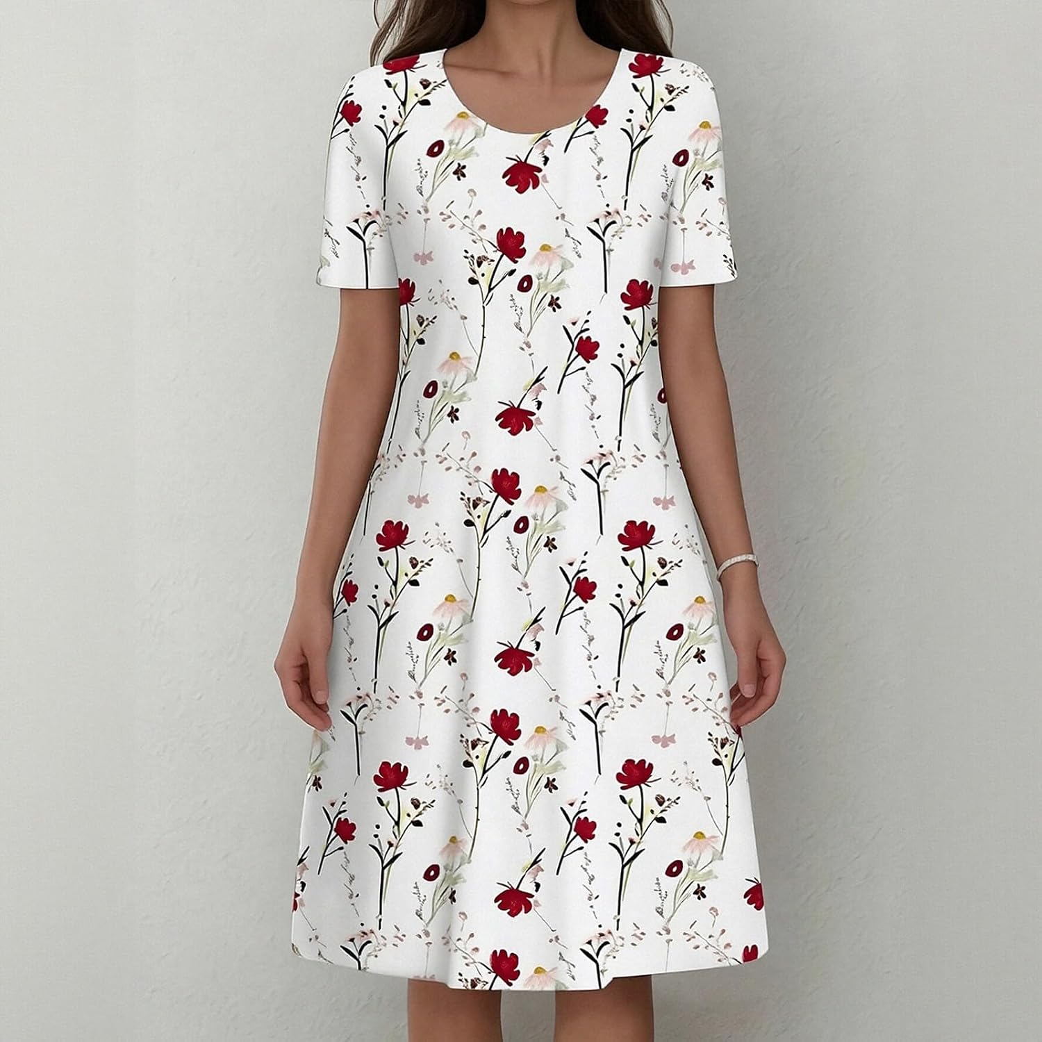 Women's Floral Print Round Neck Half Sleeve Loose Midi Dress with Pockets - Image 4