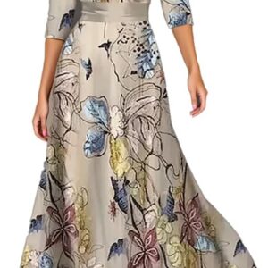 Womens Floral Printed Maxi Dress Spring Summer V Neck Flowy 3/4 Sleeve A Line Dress Elegant Beach Vacation Short Sleeve Dress