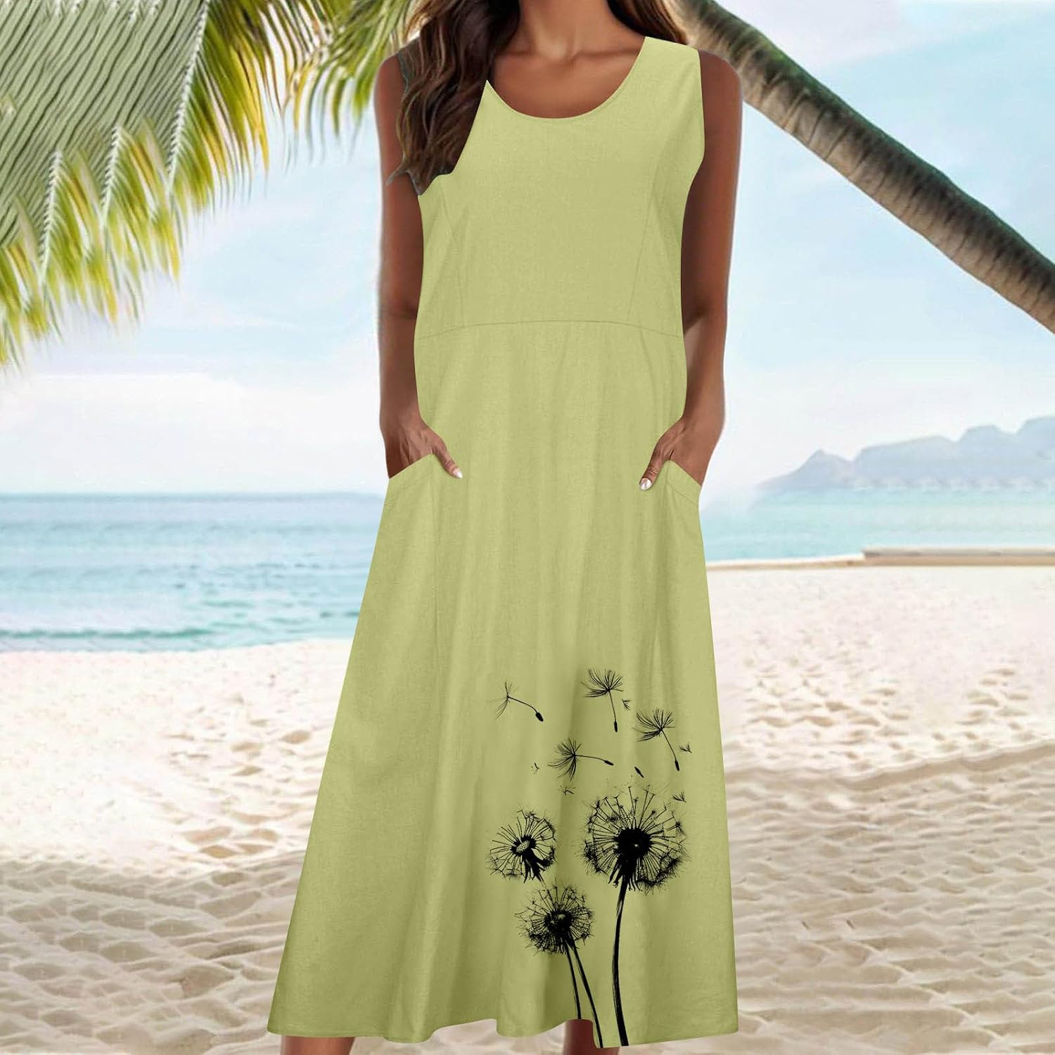 Cotton Linen Dress Maxi Kaftan Dresses for Women UK Elegant Sleeveless Casual Summer Dresses Plus Size Baggy Boho Sundress Floral Print Basic Tunic Dress Beach Holiday Boho Sundress with Pockets - Image 2