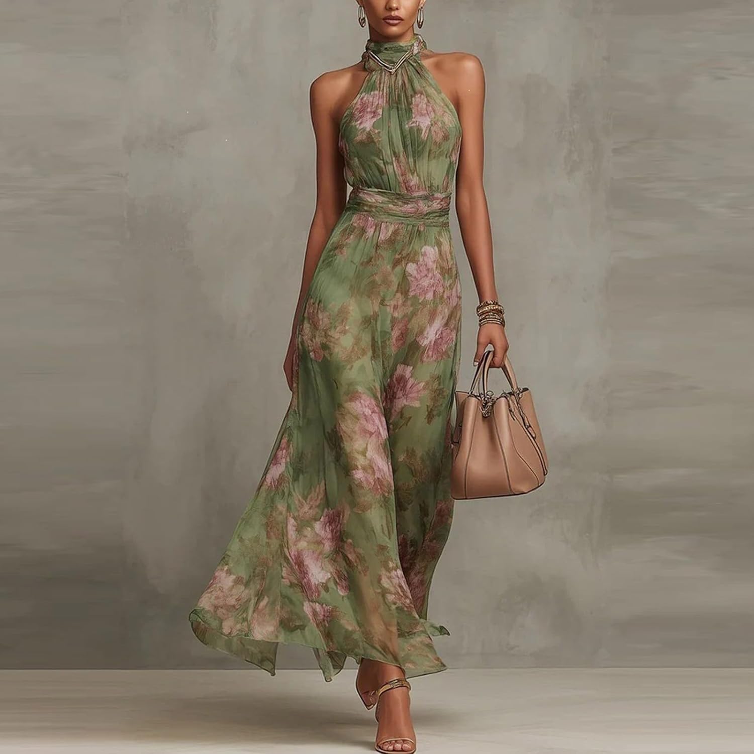 Women's Halter Neck Floral Print Maxi Dress Ruched Flowy Long Dresses Fit and Flare High Waisted Elegant Cocktail Wedding Guest Sundress Sleeveless Off Shoulder Bohemian Outfits - Image 2