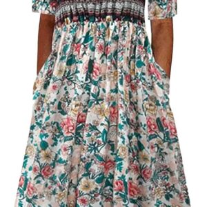 Boho Dresses for Women UK Clearance Italian Short Sleeve Button V Neck Dress with Pocket Ladies Floral Casual Sundress Elegant Swing Midi Dress Loose Pullover Lounge Dresses Beach Holiday Sundress