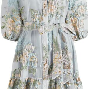 CHICWISH Women Floral Jacquard Mini Dress Puff Sleeves Mock Neck Button Garden Party Organza Casual Dress with Belt