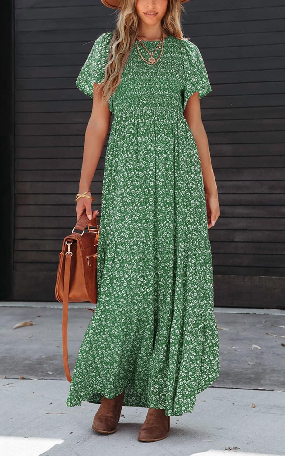 PRETTYGARDEN Women's Smocked Top Summer Dresses for Women 2025 Short Sleeve Floral Maxi Dress for Women Flutter Sleeve Cute Spring Maxi Dress for Women Beach Vacation - Image 4
