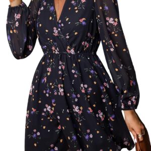 CUPSHE Women’s Floral Print Chiffon A-Line Mini Dress Long Peasant Sleeves Elastic Autumn Dress