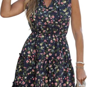 CUPSHE Womens Summer Dresses Tie V-Neck Sleeveless Mini Dress Ruffled Trim Elastic Waist A-Line Tunic Vacation Party Dress